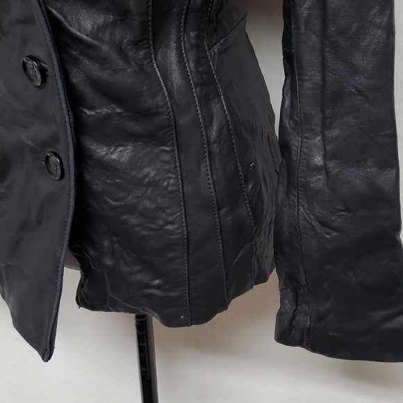 JONES New York Black Crinkled Leather Notched Collar Button Up Moto Jacket Large - Picture 15 of 16